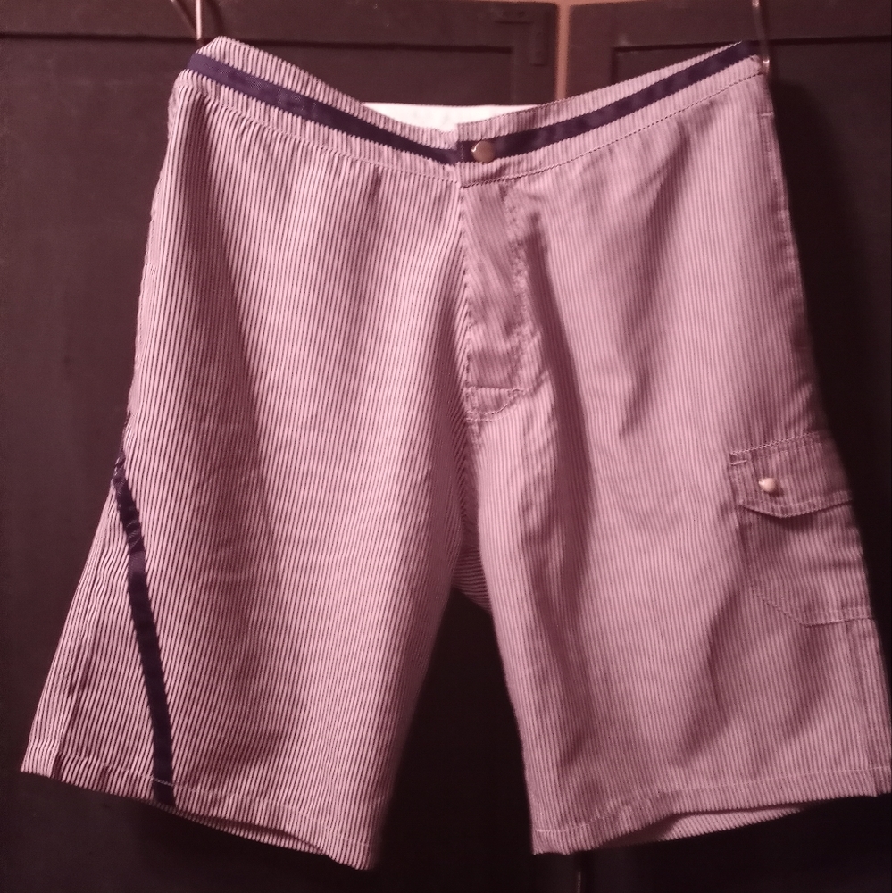 Men's blue and white pinstripe board shorts